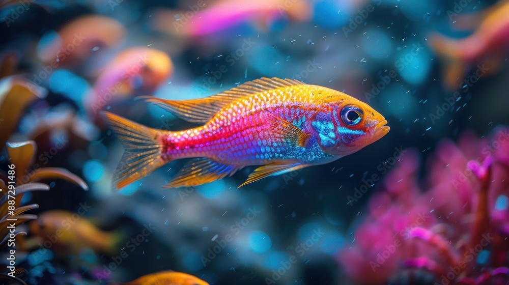 Glowing Fish in Fluorescent Tank Water: Close-Up Glowing Fish in Fluorescent Tank Water: Close-Up