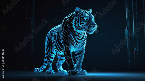 Obraz na płótnie Futuristic Tiger Design: An artistic 3D rendering of a tiger, composed of a detailed wireframe pattern and illuminated by a vibrant blue glow, creating a mesmerizing and modern visual. w salonie