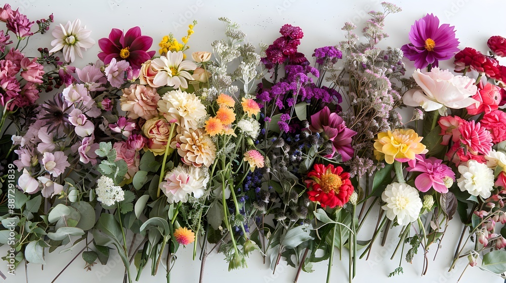 Flat lay of fresh flowers on white background. Flat lay of fresh flowers on white background.