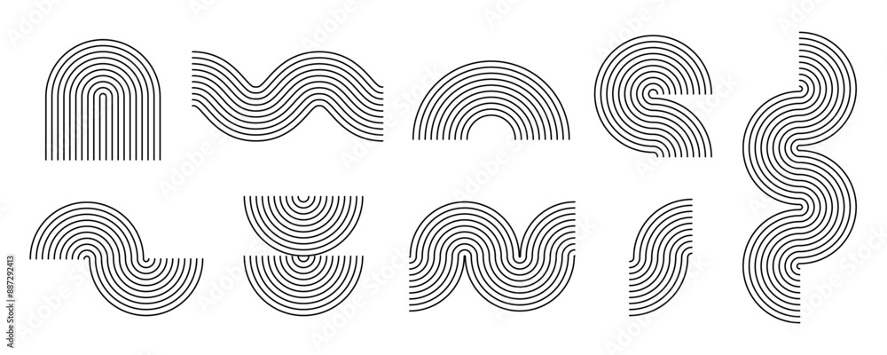 Black line boho style arch and wave set. Mid century linear curve shapes collection. Decorative outline arc elements for graphic design template, poster, banner, cover. Vector wavy and zigzag stripes