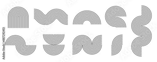 Black line boho style arch and wave set. Mid century linear curve shapes collection. Decorative outline arc elements for graphic design template, poster, banner, cover. Vector wavy and zigzag stripes
