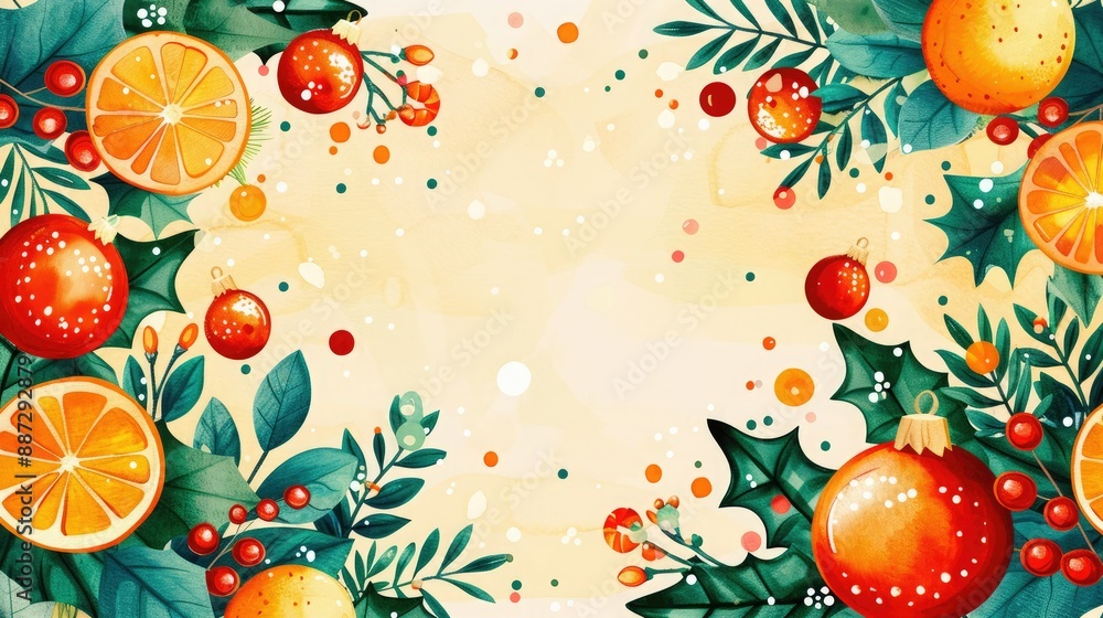 Festive holiday background with oranges, berries, and greenery, perfect for seasonal celebrations and Christmas-themed designs. Festive holiday background with oranges, berries, and greenery, perfect for seasonal celebrations and Christmas-themed designs.