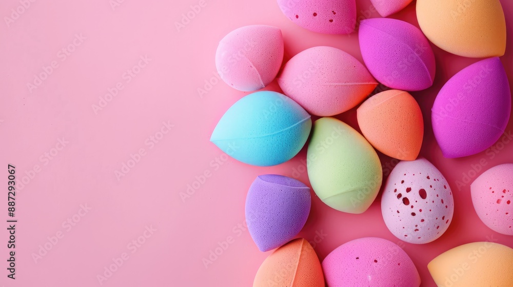 Vibrant beauty sponges for stylish makeup on pink background with space for text Make up tools and beauty products Vibrant beauty sponges for stylish makeup on pink background with space for text Make up tools and beauty products