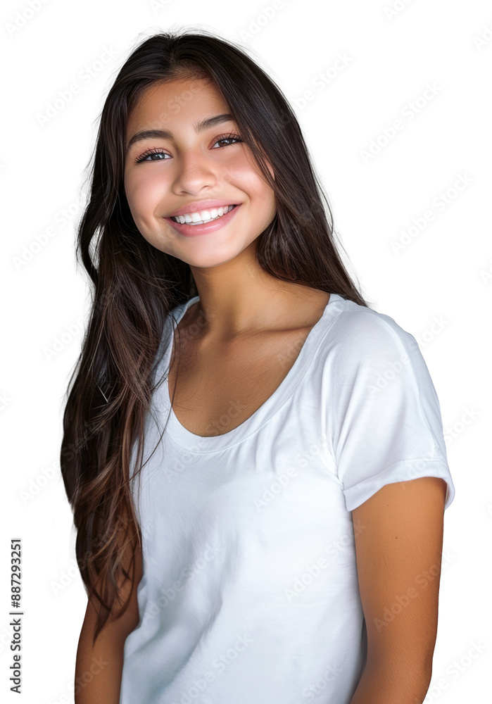 Happy Latina teenage girl in a white t-shirt, posing friendly and joyful Happy Latina teenage girl in a white t-shirt, posing friendly and joyful