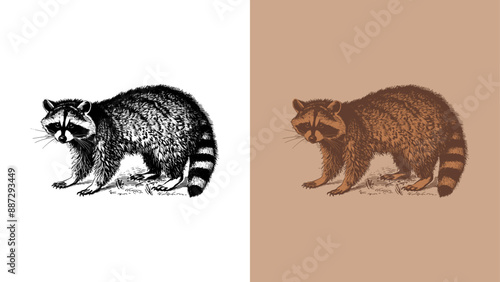 Classic engraving style 2-color vector illustration of a raccoon