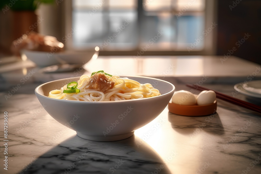 Japanese udon noodles in a white bowl on a marble table in a restaurant Japanese udon noodles in a white bowl on a marble table in a restaurant