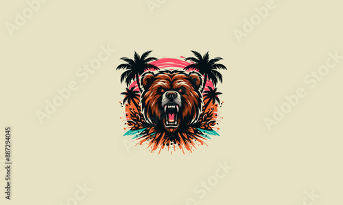 head bear angry with palm on beach vector logo design