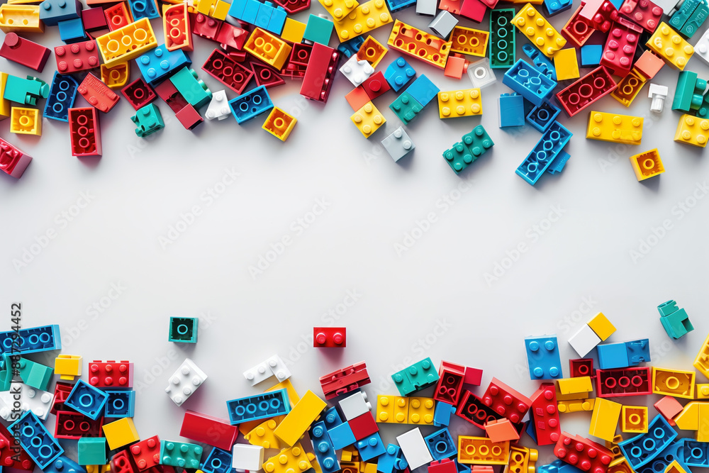 White backdrop with white area in the middle of the image. A mound of vibrant blocks strewn around. bricks in a variety of sizes and shapes to demonstrate diversity White backdrop with white area in the middle of the image. A mound of vibrant blocks strewn around. bricks in a variety of sizes and shapes to demonstrate diversity