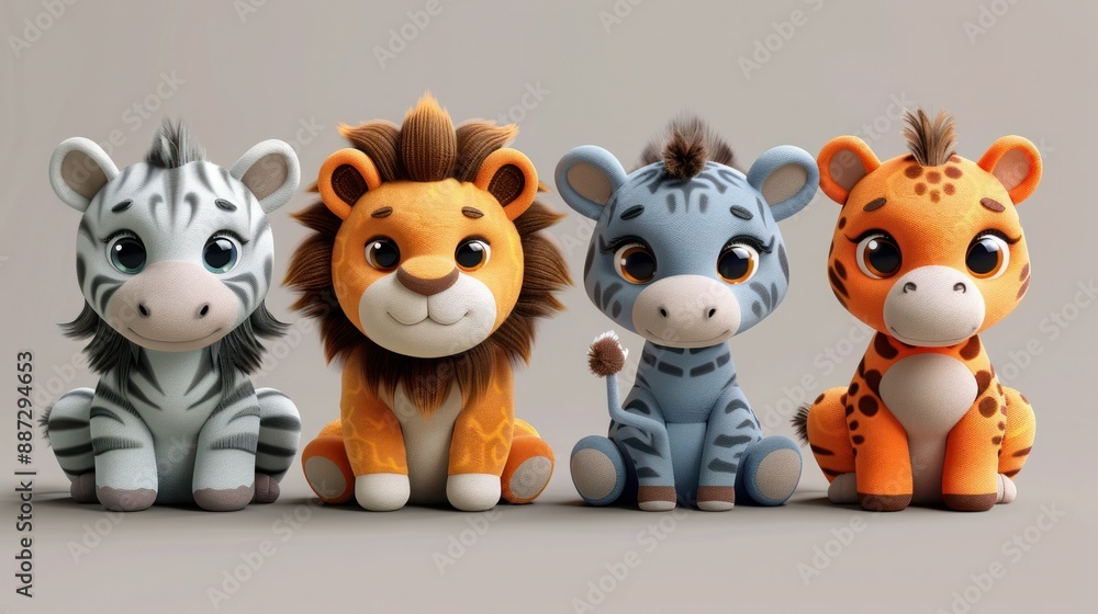 Cute Cartoon Set of Baby Lion, Zebra, and Giraffe Stuffed Animal Toys in Savannah Landscape Illustration Cute Cartoon Set of Baby Lion, Zebra, and Giraffe Stuffed Animal Toys in Savannah Landscape Illustration