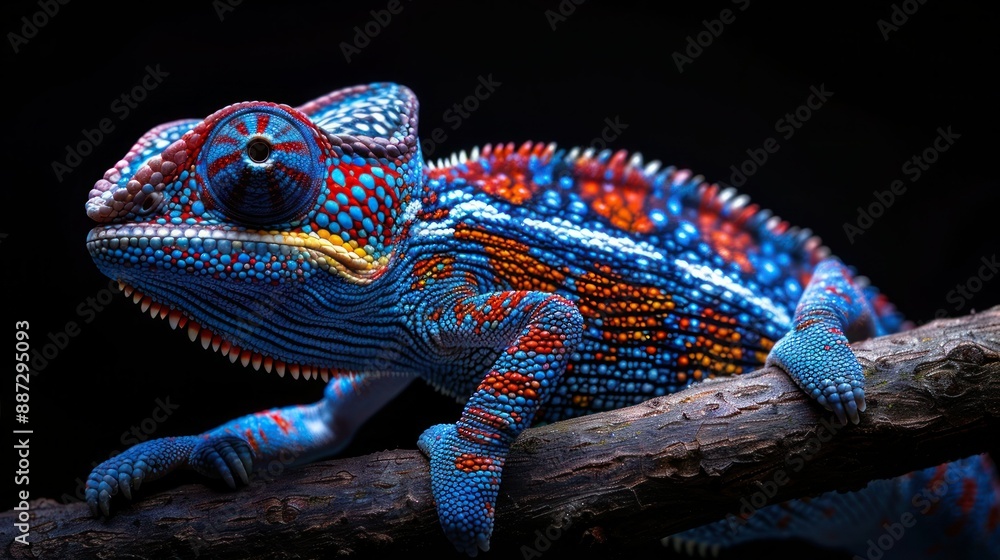 Blue Bar Panther Chameleon on Black Background - Isolated Reptile with Stunning Coloration Blue Bar Panther Chameleon on Black Background - Isolated Reptile with Stunning Coloration