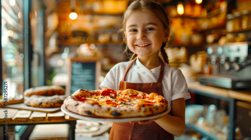 A young chef girl holds in her hands a plate of hot delicious pizza, which she herself has just cooked in the restaurant. Italian cuisine A young chef girl holds in her hands a plate of hot delicious pizza, which she herself has just cooked in the restaurant. Italian cuisine