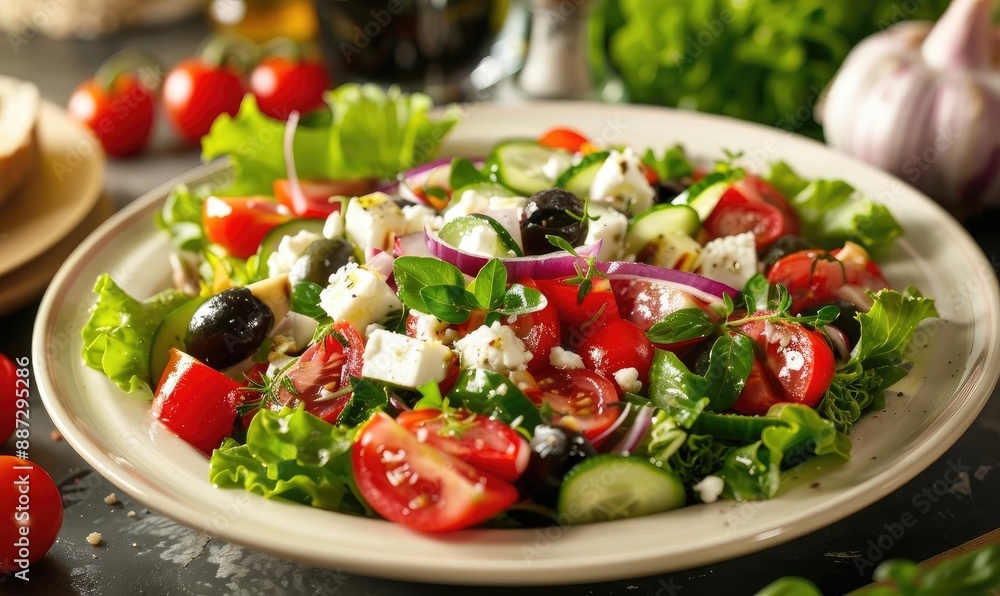 Fresh and colorful Greek salad with tomatoes, cucumbers, olives, feta cheese, and onions, garnished with herbs on a rustic plate. Fresh and colorful Greek salad with tomatoes, cucumbers, olives, feta cheese, and onions, garnished with herbs on a rustic plate.