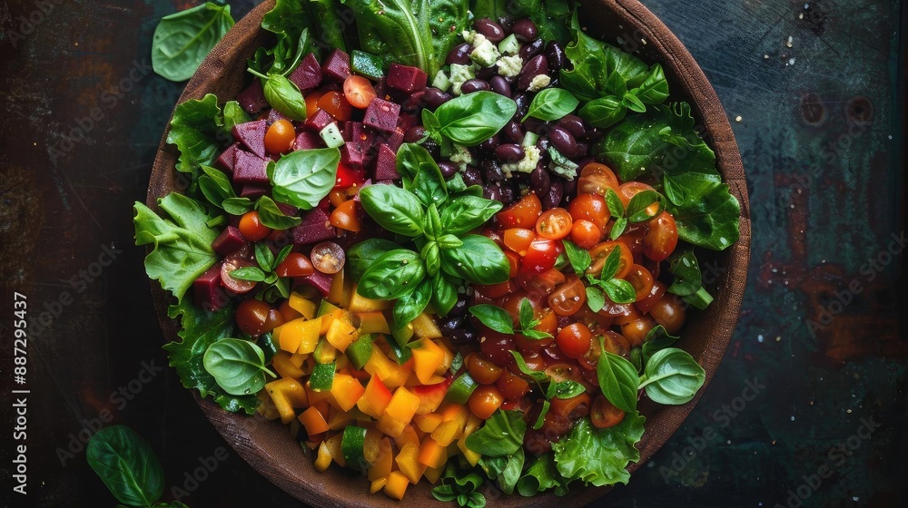 A colorful bowl of fresh mixed salad with vibrant vegetables, greens, and nuts, presented on a rustic dark surface. A colorful bowl of fresh mixed salad with vibrant vegetables, greens, and nuts, presented on a rustic dark surface.