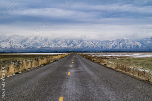 Two Lane Country Road with Mountain View