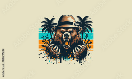 head bear angry with palm on beach vector logo design