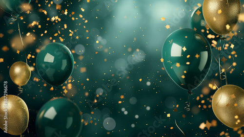 Elegant green and gold balloons with sparkling confetti, perfect for festive celebrations, parties, and joyful occasions, epitome of celebration concept photo