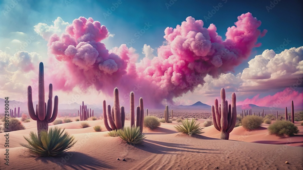 Imaginary pink desert landscape with cacti and pink smoke rising under ...