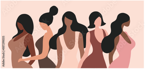 Woman empowerment concept, five different nationality woman, strong together and feminist concept vector illustration