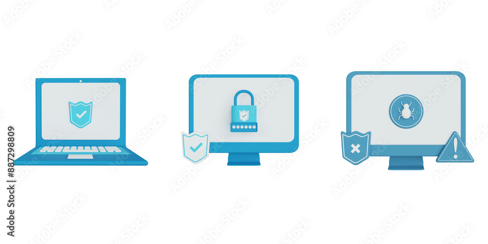Laptop Security, Login Protection, Malware Detected, security 3d icon illustration pack, transparent background Laptop Security, Login Protection, Malware Detected, security 3d icon illustration pack, transparent background