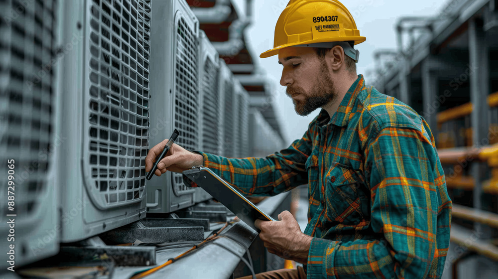 Industrial Air Conditioning Technician on Roof Taking Notes Industrial Air Conditioning Technician on Roof Taking Notes
