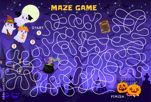 Halloween labyrinth maze game. Help to kawaii ghost find a spellbook and pumpkins. Maze child riddle, search path kids vector playing activity worksheet with funny ghosts on cemetery background