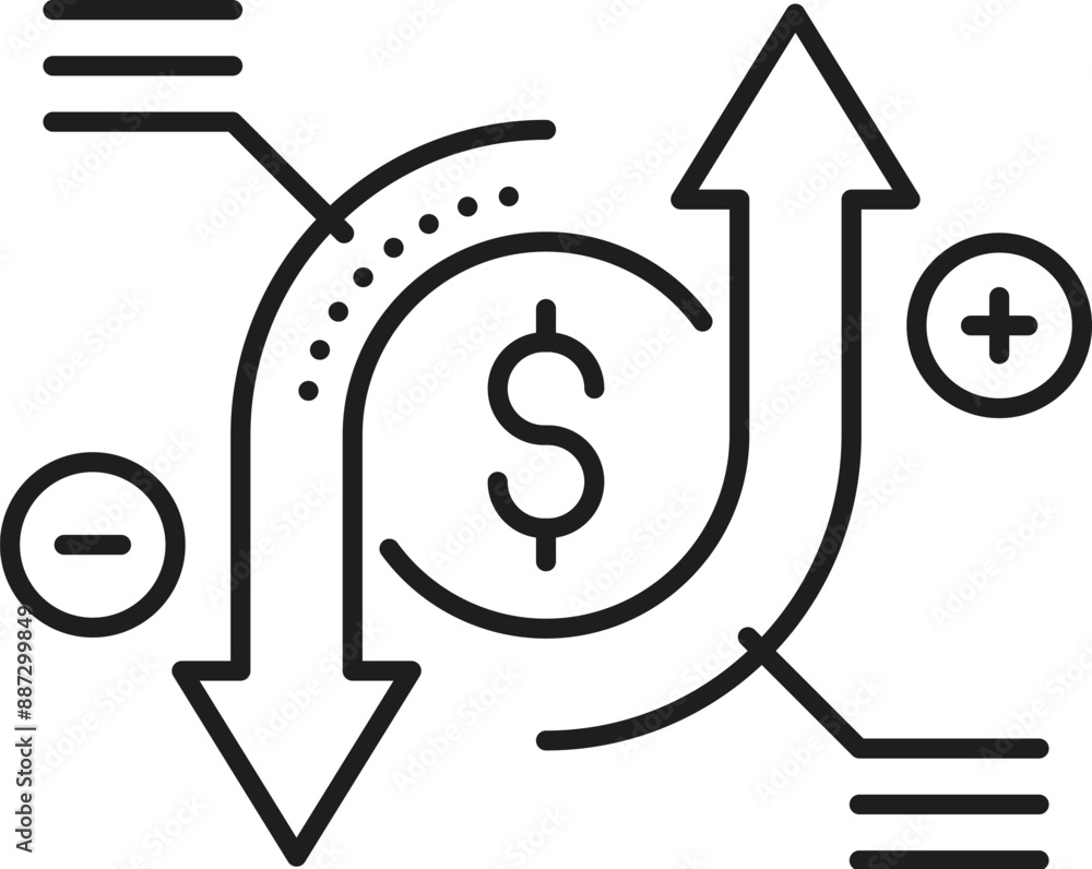 Financial analysis line icon of profit and loss for budget accounting and revenue, vector pictogram. Finance management and budget analytics for revenues and expenses in financial analysis icon Financial analysis line icon of profit and loss for budget accounting and revenue, vector pictogram. Finance management and budget analytics for revenues and expenses in financial analysis icon