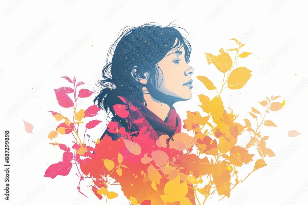 Woman with Leaves and Flowers in Vibrant Autumn Colors Woman with Leaves and Flowers in Vibrant Autumn Colors