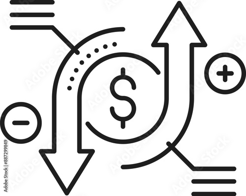 Financial analysis line icon of profit and loss for budget accounting and revenue, vector pictogram. Finance management and budget analytics for revenues and expenses in financial analysis icon
