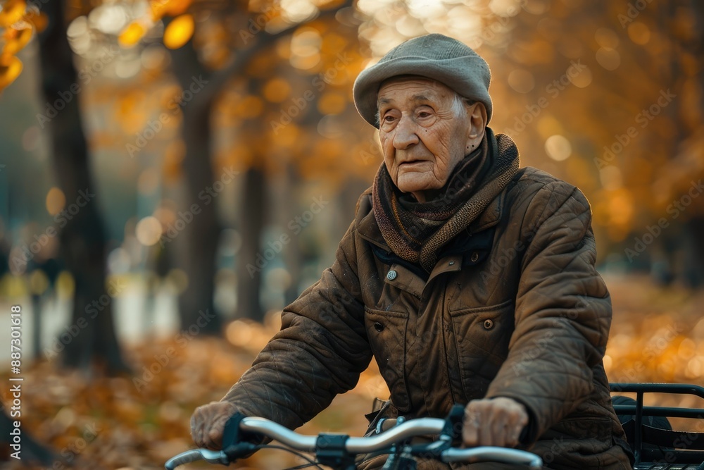 Fototapeta premium Elderly Man Riding Bicycle in Autumn Park with Golden Leaves and Soft Sunlight