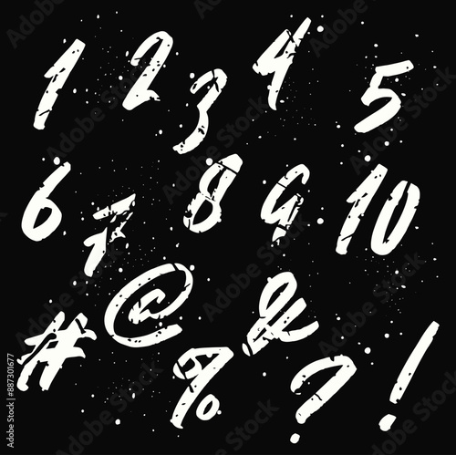 Hand written calligraphy alphabet black ink brush lettering, Vector hand drawn number collection, grunge font style with ink splashes. numbers and punctuation marks, grunge font style with ink splashe