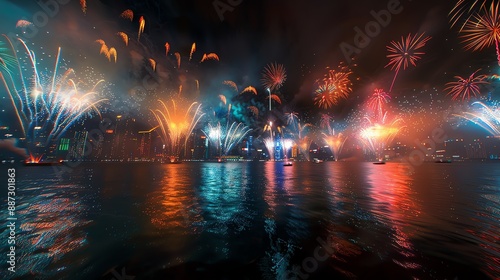 Fireworks light up the sky above a city. The colorful display is reflected in the water below. The scene is one of beauty and excitement.