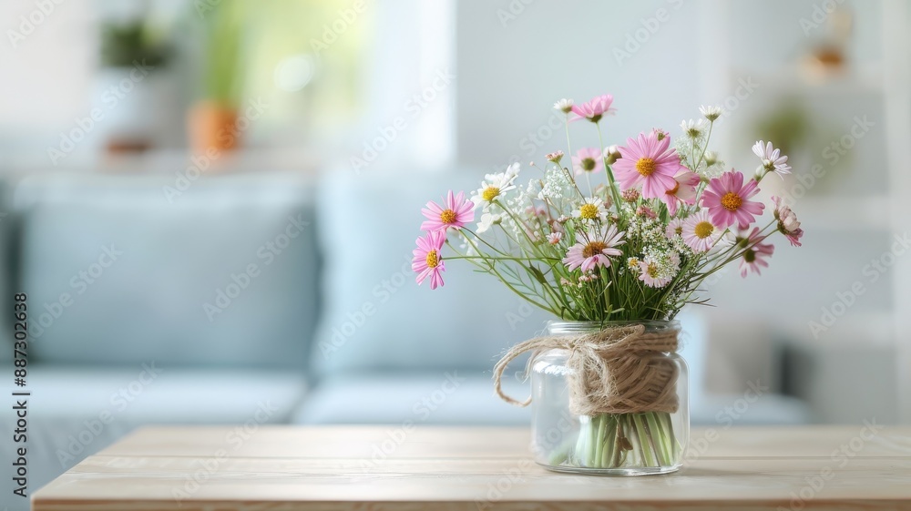 A repurposed wine bottle filled with wildflowers in a bohemian living room. A repurposed wine bottle filled with wildflowers in a bohemian living room.