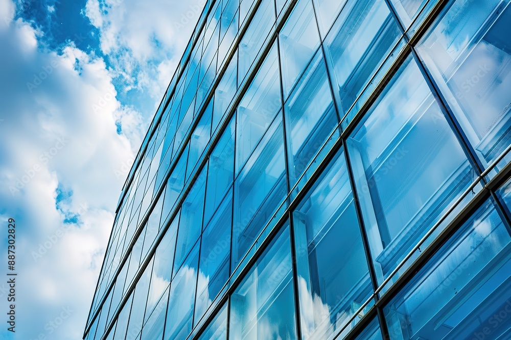 A tall building with a lot of windows and a cloudy sky in the background A tall building with a lot of windows and a cloudy sky in the background