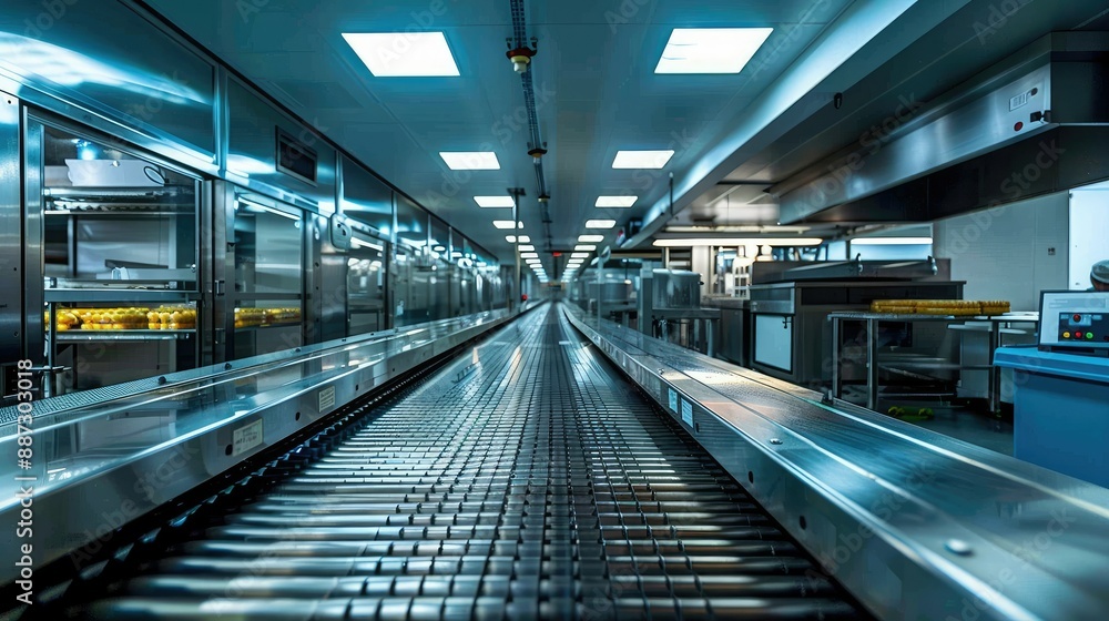 Modern Industrial Conveyor Belt in High-Tech Food Processing Facility Modern Industrial Conveyor Belt in High-Tech Food Processing Facility