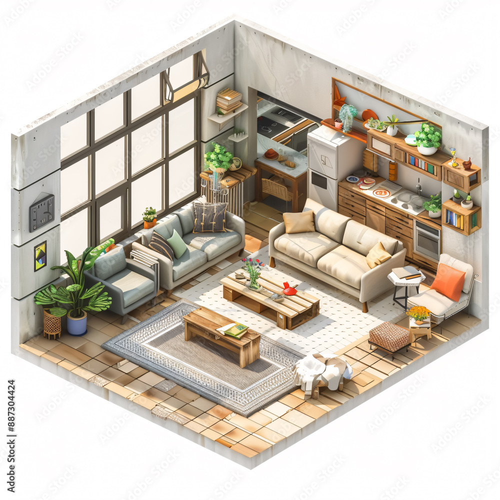 Industrial style living room, cutaway isometric low poly art, 3d with ...