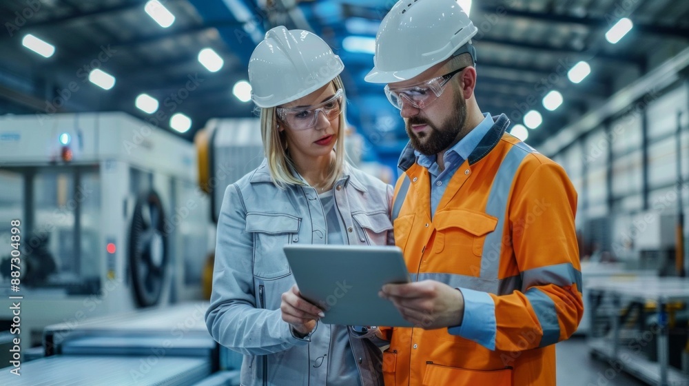 Two factory workers in hard hats and safety glasses review information on a digital tablet Two factory workers in hard hats and safety glasses review information on a digital tablet