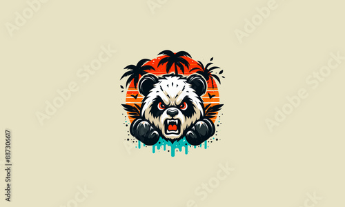 head panda angry with palm on beach vector logo design