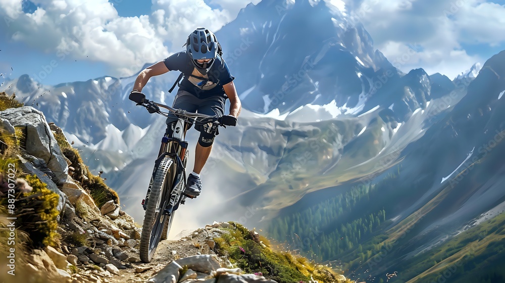 Fototapeta premium Mountain biker riding on a rocky trail.
