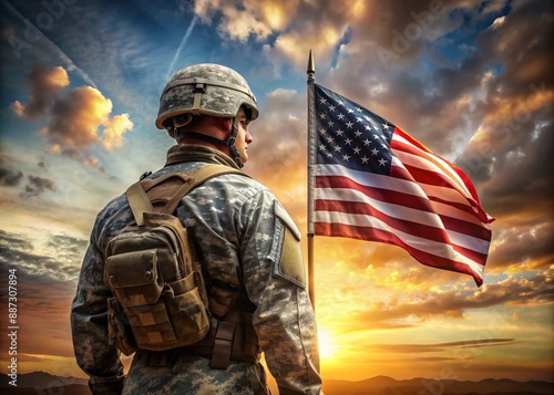 Soldier in full gear with american flag on sunset sky