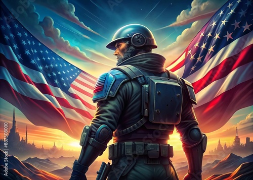 Man in space suit and helmet on the background of the American flag.