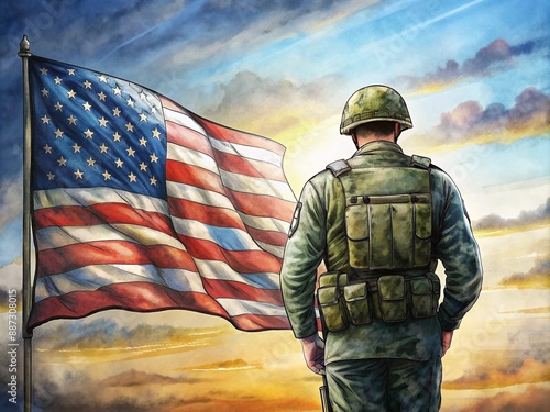 a soldier in full military gear, standing with their back to the camera, looking towards a large American flag
