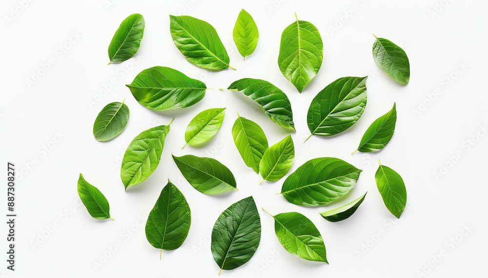 A variety of green leaves are arranged on a white background A variety of green leaves are arranged on a white background