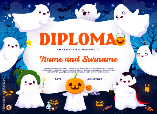 Kids diploma, holiday sweets and Halloween cute kawaii ghost characters. Kids competition winner diploma, children Halloween holiday or party vector award, education certificate with funny ghosts