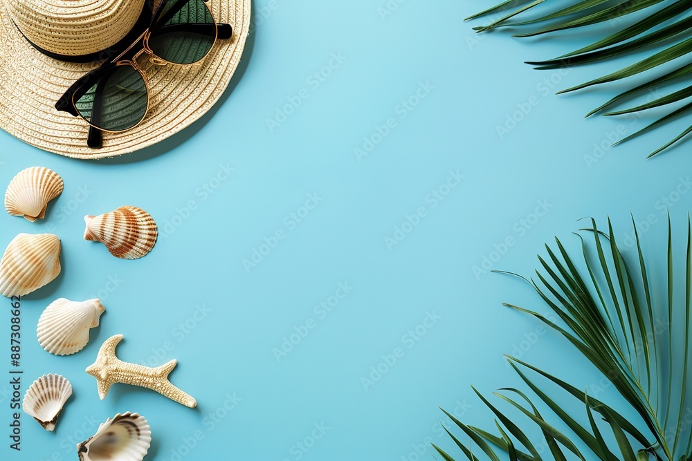 A blue background with a hat, sunglasses, and shells A blue background with a hat, sunglasses, and shells