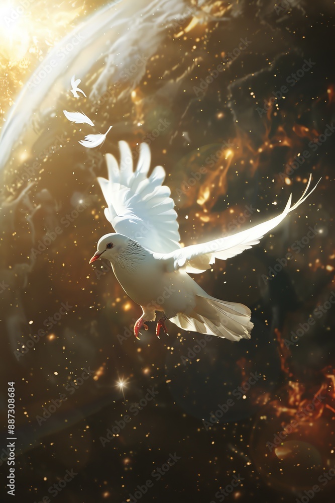 Fototapeta premium A beautiful white dove flies towards the light. The stars twinkle in the background. The dove is a symbol of peace and hope.