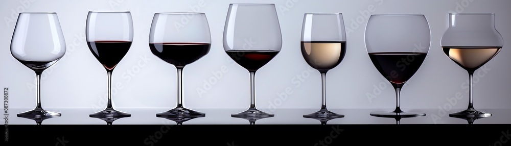 A variety of wine glasses are arranged on a reflective surface. The glasses are of different shapes and sizes and contain different amounts of red and white wine. A variety of wine glasses are arranged on a reflective surface. The glasses are of different shapes and sizes and contain different amounts of red and white wine.