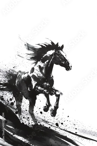 A powerful black horse with a long flowing mane and tail is depicted in this Chinese brush painting