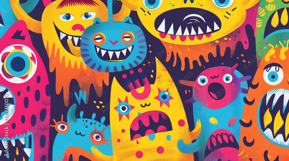 A group of colorful monsters with different shapes and sizes. The monsters are all smiling and have friendly expressions. The background is a dark color with polka dots. A group of colorful monsters with different shapes and sizes. The monsters are all smiling and have friendly expressions. The background is a dark color with polka dots.