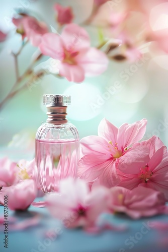 A beautiful perfume bottle sits on a table, surrounded by delicate pink flowers