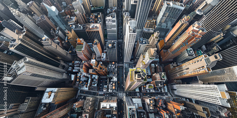 the center of an urban cityscape, a bird's-eye view captures towering skyscrapers and bustling streets below, generative AI the center of an urban cityscape, a bird's-eye view captures towering skyscrapers and bustling streets below, generative AI